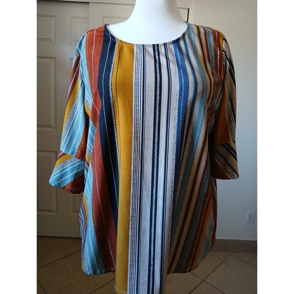 Ellen Weaver Plus Size 2X Boho Striped Blouse Multicolor Tunic Top Casual Chic - Picture 2 of 16